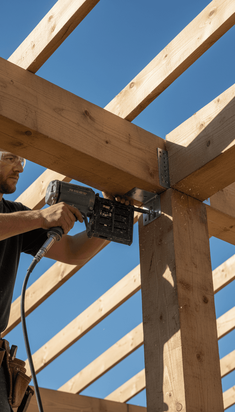 Carpenter fixing roof joists during a new build