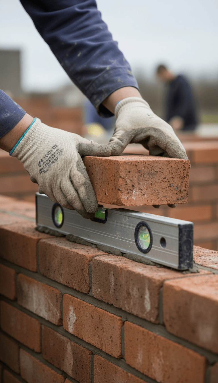 Builder's hands laying brick on a new cavity wall