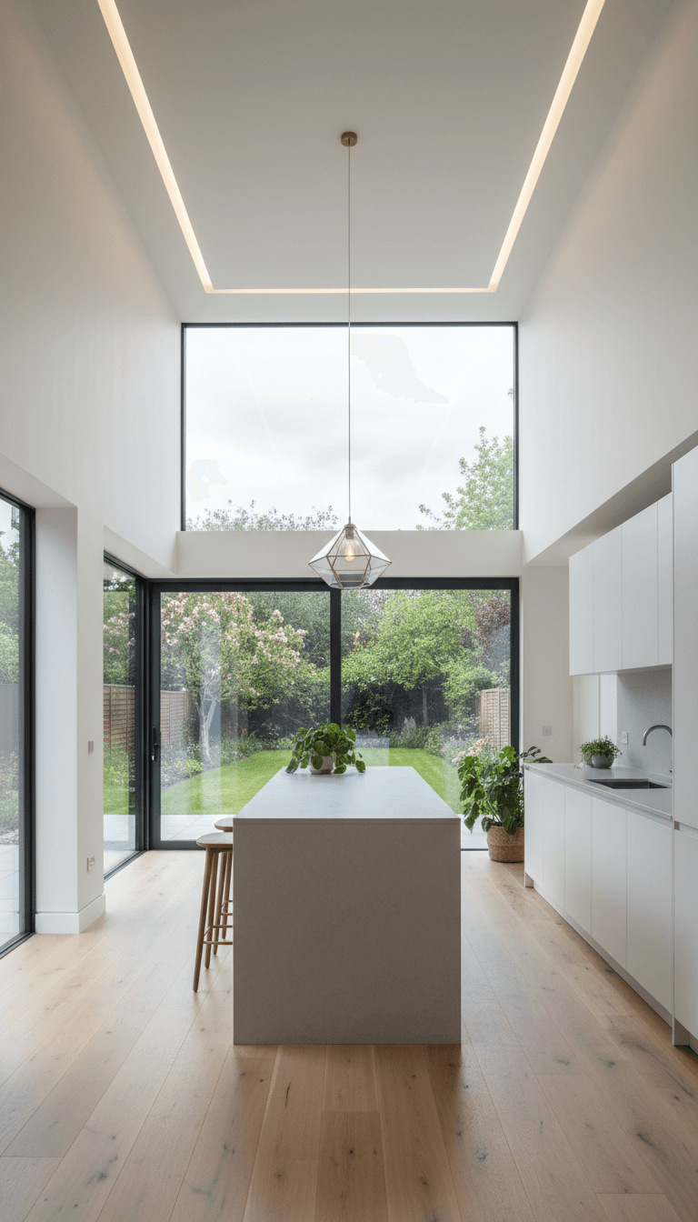 Finished open-plan kitchen extension with glass doors